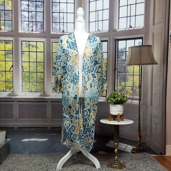 NWT SONOMA WATERCOLOR IKAT LONG KIMONO (IVORY MULTI / OS) - Picture 3 of 11